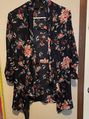 Kaii Navy Floral Open-Front Cardigan with Coral and Cream Blooms